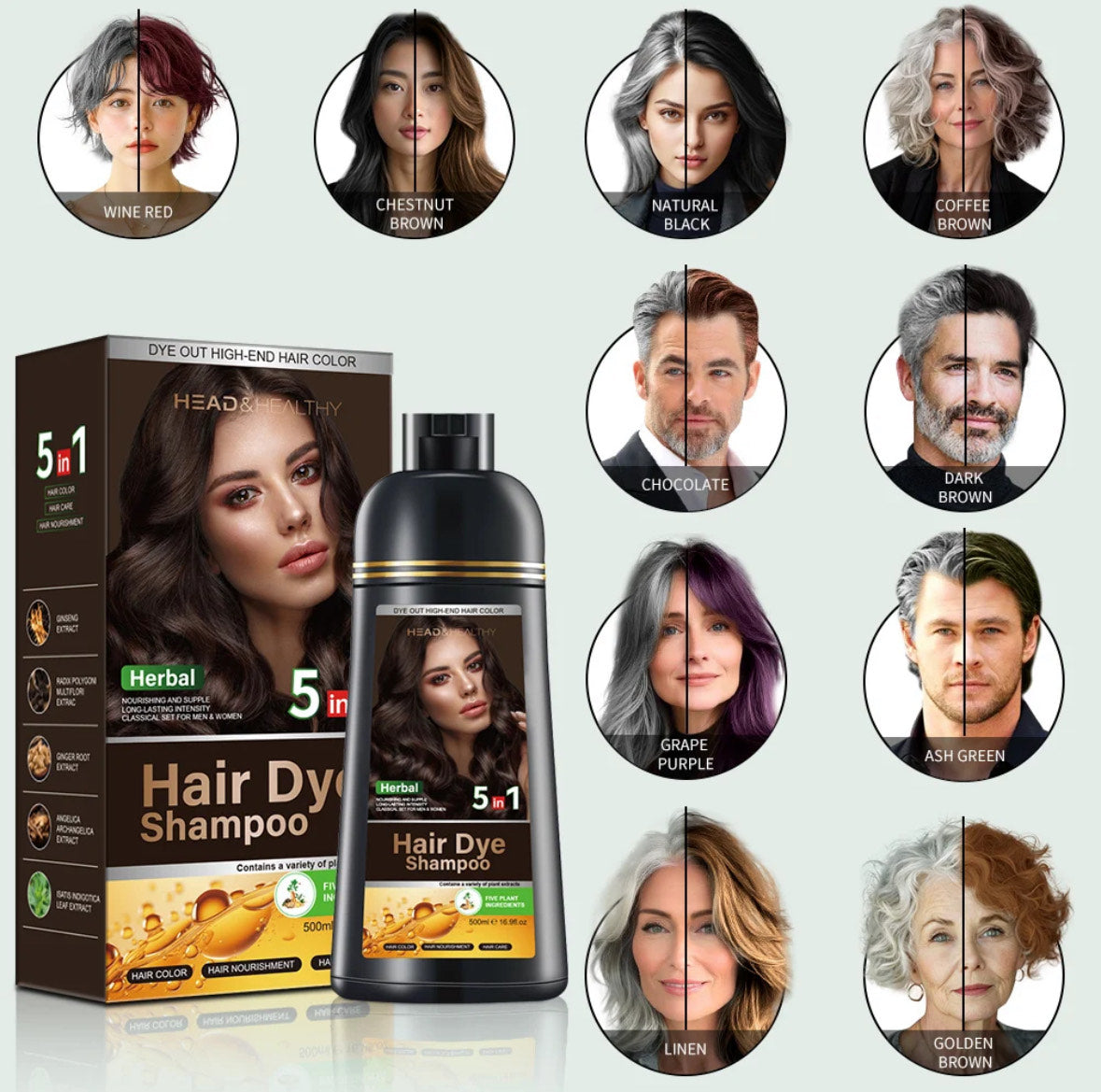 Head & Healthy Black Hair Dye Shampoo 5 in 1 Instant Hair Dye Herbal Ingredients 500ml 16.9 fl oz for Gray Hair Unisex Formula