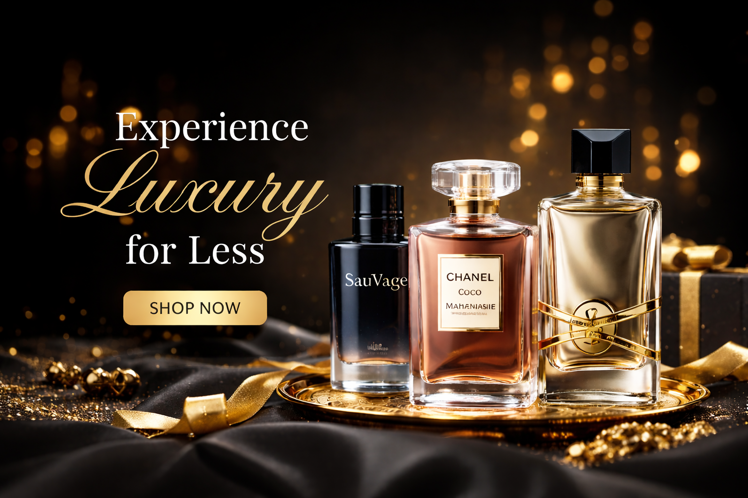 Three perfume bottles on a gold tray with 'Experience Luxury for Less' text and 'Shop Now' button.